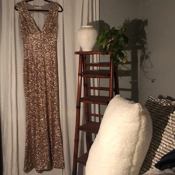 slim fit dress slacks Rose Gold Sequin Maxi Dress with Fringe Detail main image 1